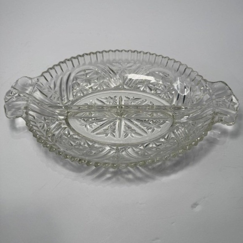 Anchor Hocking VTG Glass Divided Relish Candy Dish w/ Handles 10" Stars of David